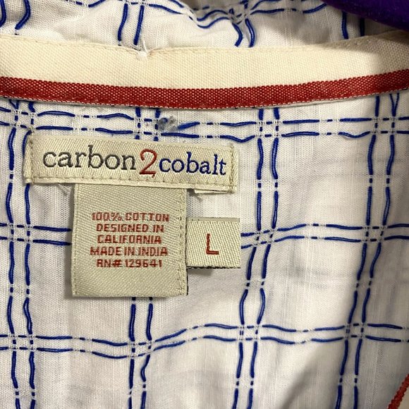 Carbon 2 Cobalt Blue White Checked Short Sleeve Cotton Shirt Men's Size L - Picture 2 of 6
